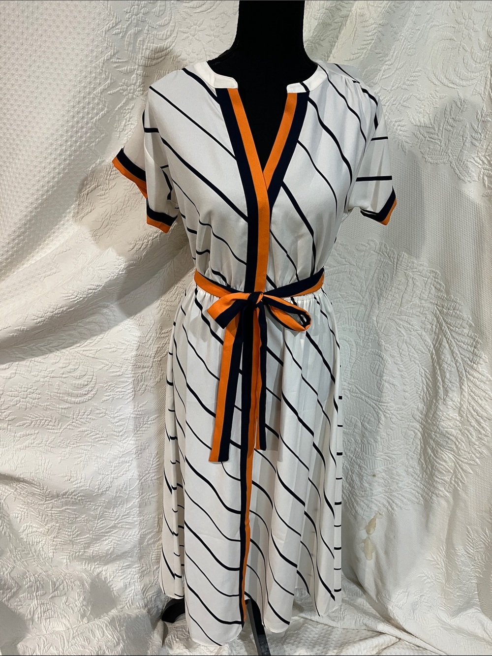 Loft‎ Striped White Midi Dress with Orange Trim and Tie Waist, size 0, new